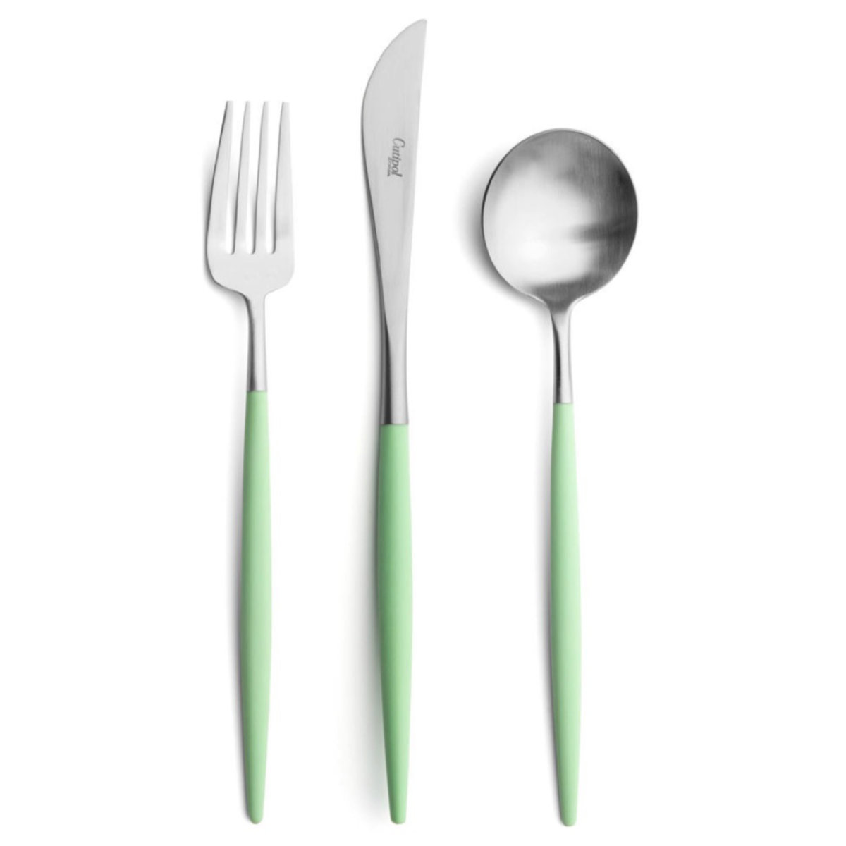 Couverts Goa Cutipol vert céladon et inox.